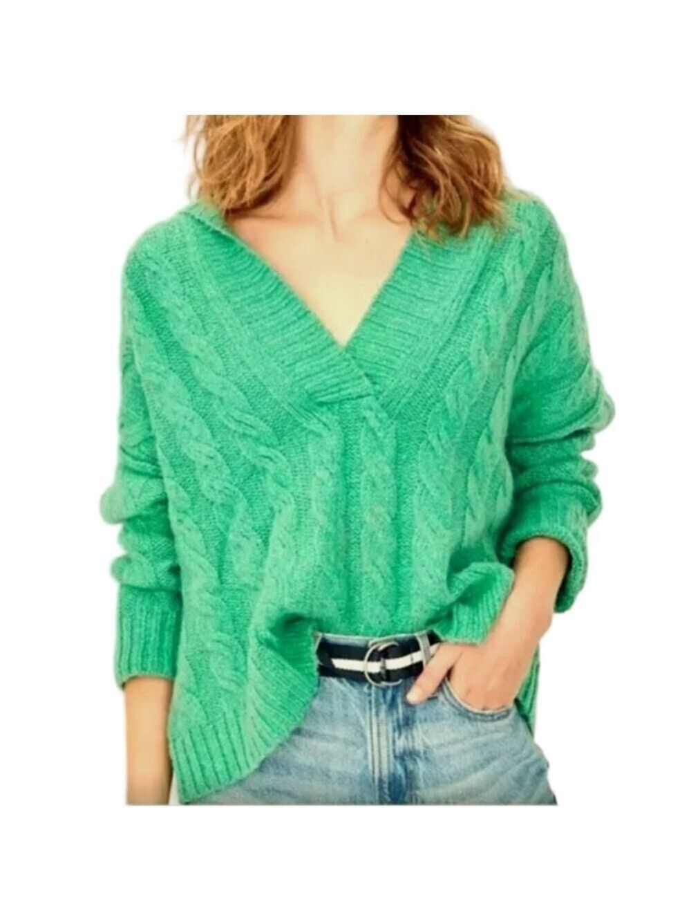 American Eagle Green Cable Knit Cropped Hoodie Sweater Boxy Oversized XS